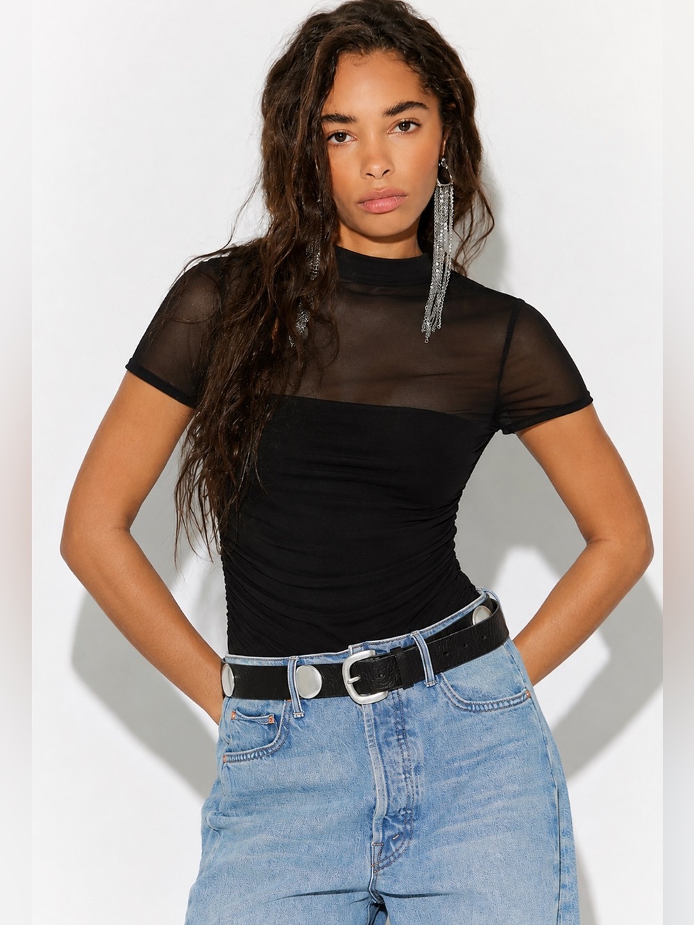 176. ReoRia Black Sheer Yoke Short Sleeve Bodysuit